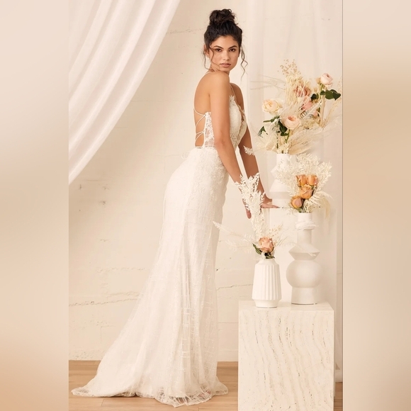 Lulus Luxe Bridal Wonderstruck Glitter Lace-Up Embroidered Lace Maxi Dress Bride - Picture 3 of 12